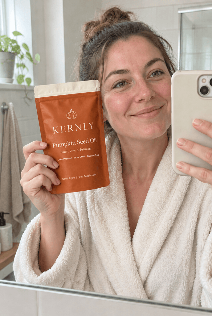 Woman in a bathrobe holding a Kernly pouch in the bathroom