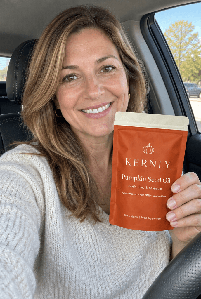 Woman in the car holding a Kernly pouch