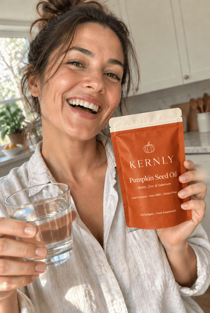 Woman in the kitchen with a glass of water and a Kernly pouch
