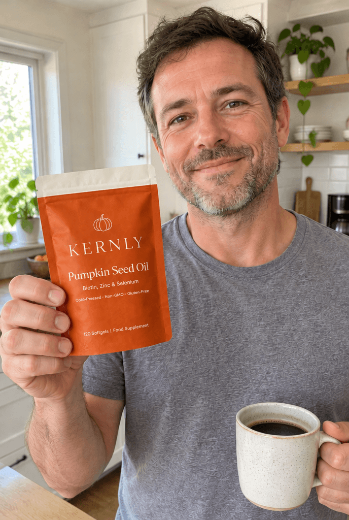 Man with a coffee holding a Kernly pouch