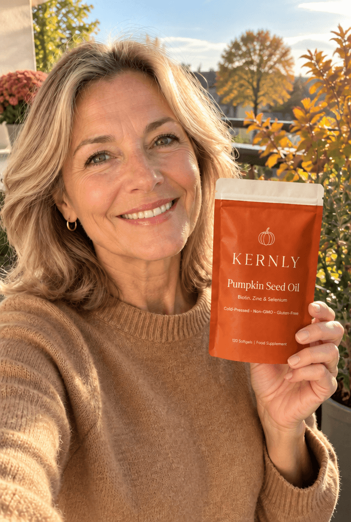 Woman on a balcony holding a Kernly pouch